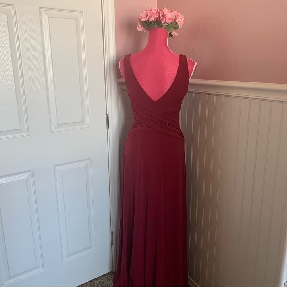 Red Stretchy Nylon Formal Gown with Gathered Waist, roughly size M - Picture 7 of 8